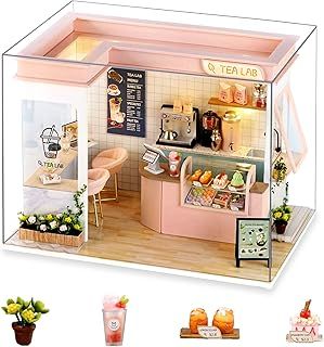 Cuteefun DIY Miniature Dolls House Kit for Adults to Build DIY Mini House Kit with Furniture DIY Miniature House Kit with Tools Make Your Own Craft House Model Father's Day(Tea Lab)