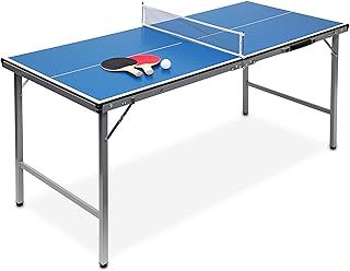 Relaxdays Midi Table Tennis Ping Pong Table, 150 x 67 x 71 cm, Folding Table for Indoor & Outdoor Use, Ball and Paddles Included, Blue