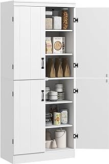 HOMCOM 4-Door Tall Kitchen Cupboard, Freestanding 6-Tier Storage Cabinet with 2 Adjustable Shelves for Living Room, Dining Room, White