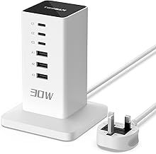 TESSAN USB C Charger Plug, 30W USB Charging Station for Multiple Devices, 6-Port Charging Hub with 1.5m Extension Cord, Multi Charger Block for Smartphones, Tablets