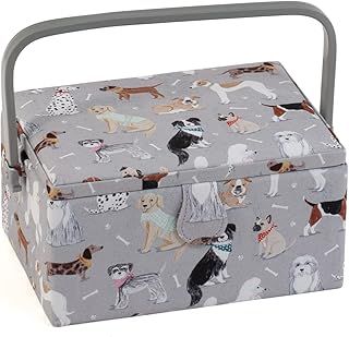 Hobby Gift Exclusive Medium Sewing Craft Hobby Storage Box, Accessories Tray Pin Cushion Pocket PVC Handle 18.5 x 25.5 x 14.5cm, Grey Dogs, Graue Hunde
