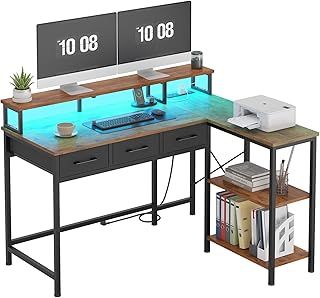 Computer Desk, Gaming Desk with LED, Power Socket, 3 Drawers, Office Desk with Monitor Stand, PC Desk, Adjustable Shelves, for Home, Office, 120 cm, Brown