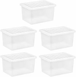 [Pack of 5] Home Office Clear Plastic Stackable Storage Boxes & Lids (25 Litre)