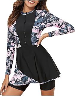 Women Modest Swimwear Burkini Two Piece Muslim Swimsuit with Shorts Long Sleeve Rash Guard Sets Tummy Control Swimming Costume Zip Hawaiian Islamic Surfing Bathing Suits Ladies UK Sale