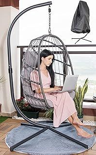 Egg Chair with Stand and Oxford Cover, 450lbs Capacity Patio Wicker Hanging Swing Chair with UV Resistant Cushion and Foldable Seat Basket
