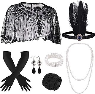 ELECLAND 10 Pieces 1920s Flapper Great Gatsby Accessories Set Fashion Roaring 20's Theme Set with Headband Headpiece Long Black Gloves Necklace Earrings for Women