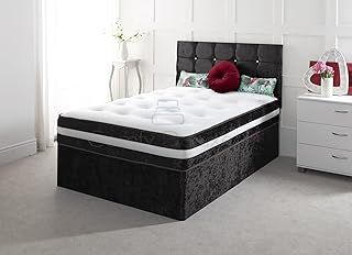 Crushed Velvet Divan Bed with Mattress Headboard and Storage Drawers (Black, 3FT (Single) - 0 Drawers)