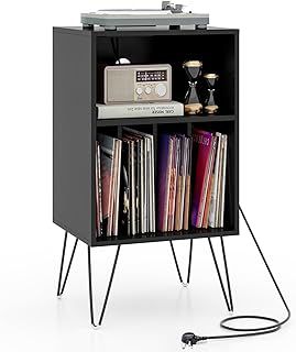 CASART Record Player Stand, Turntable Stand with Charging Station & Metal Legs, Open Shelves & Cable Hole, Vinyl Record Storage Cabinet for Living Room Bedroom Office (Rustic Brown)