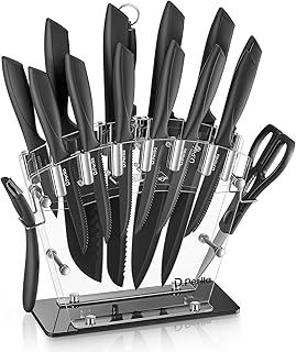 D.Perlla 16 Pc High Carbon Stainless Steel Knife Set, Non Slip Handle, Sharp, Rust Resistant, With Acrylic Stand & Steak Knives