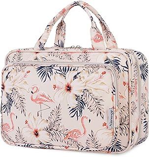 Narwey Large Hanging Travel Toiletry Bag for Women Wash Bag Cosmetics Makeup Bag Organizer for Full Size Accessories (Beige Flamingo (Large))