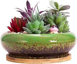 ARTKETTY Succulent Plant Pot, 18.5CM Large Bonsai Pot with Tray Ceramic Succulent Pot with Drainage Hole Shallow Cactus Flower Pots for Indoor/Outdoor Plants Glazed Planter Bowl, Green