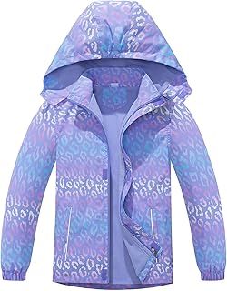 Girls Waterproof Jacket Kids Fleece Lined Windbreaker Raincoat with Removable Hood