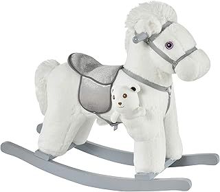 HOMCOM Kids Plush Ride-On Rocking Horse Toy Rocker with Plush Toy Realistic Sounds for Child 18-36 Months White