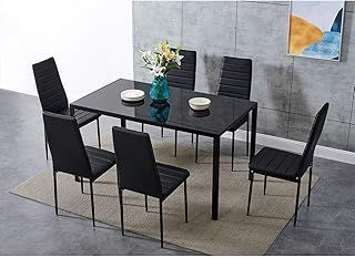 Dining Table and Chairs 6 Seater with Glass Room Leather Kitchen Furniture Set (Black Table140cm + 6 Black Chair)