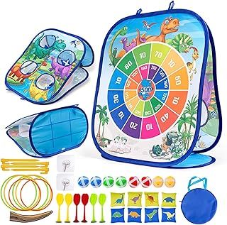 5-in-1 Portable Bean Bag Toss Games - Dinosaur Toys for Boys And Girls, Kids Dart Board Set，Outdoor Carnival Games, Foldable Cornhole Board Game Yard Beach Toys for Toddler Ages 3-8