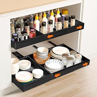 NAYAHOSE 2 PACK Pull Out Cabinet Organiser, Extendable Large Slide Out Kitchen Storage Drawer Shelf, Drawers Cabinet Basket with Handle for Kitchen Bathroom, No Need Drill and Nailing(Range 32-48cm)