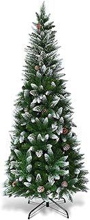 COSTWAY 5FT/6FT/7.5FT Artificial Christmas Tree, Snow Flocked Pencil Trees with Pine Cones and Metal Stand, for Xmas Indoor Décor