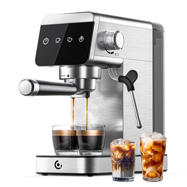 AMZCHEF Coffee Machine 20 Bar, 1350W Espresso Machine, Compact Stainless Steel Coffee Machines with LED Touch Screen, Powerful Steam Wand, Removable Water Tank