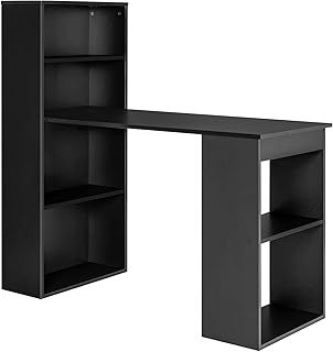 COSTWAY 122cm Computer Desk, Wooden PC Laptop Table Writing Workstation with 6-Tier Storage Bookshelves, Modern Home Office Working Study Desk (Black)
