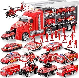 JOYIN 25 in 1 Fire Engine Truck Vehicle Toy Set with Sounds and Lights, Emergency Fire Truck Car Toy, Birthday Gift for 3+ Years Old Boys