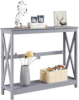 Yaheetech Console Table, Narrow Sofa Side Table with X-Shaped Design, 2-Tier Slim Hallway Table for Living Room Bedroom Grey