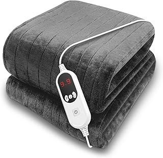 Grey Heated Throw Electric Blanket, 160 x 120cm Heated Blanket Machine Washable Soft Micro Fleece Electric Throw Overblanket with 12HR Timer and 9x Control Heat Settings