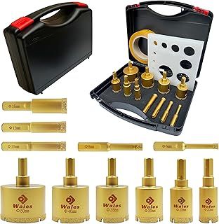 Waies 13 Pieces Diamond Drill Bit Set Dry/Wet Soldering Hollow Drill Hole Saw Set 11 Pieces Hole Opener with Guide Jig Suitable for Ceramic, Glass, Tile, Plaster, Marble, Granite