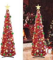 5Ft/ 1.5m Pop Up Tinsel Christmas Tree, Artificial Collapsible Xmas Tree with 100 Lights and 30 Colour Balls, Glittering Sparking Xmas Decoration Tree for Party Carnival (Red with balls)