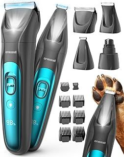 oneisall Dog Clippers & Paw Trimmer 4 in 1 Grooming Kit, Dog Grooming Clippers with LED Light for Full-Body Grooming, Cordless Silent Pet Shaver for Dogs Cats