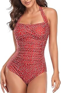Smismivo Tummy Control Swimwear One Piece Modest Swimming Costume Women Ladies Full Body Vintage Halter Neck Swimsuit Plus Size Push Up Padded Bathing Suit