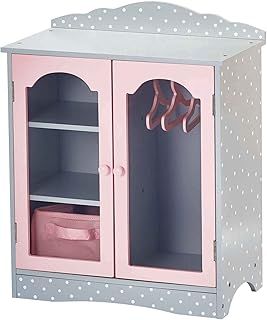 Olivia's Little World Polka Dot Princess Wooden Shaker-Style Double Closet for 18" Doll Wardrobes with Windowed Doors, Three Shelves, Hanging Space with Hangers, Grey/Pink