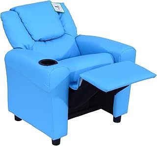 HOMCOM Kids Recliner, PU Leather Kids Armchair, Child Chair, Toddler Armchair with Adjustable Backrest, Footrest, Padded Headrest, Cup Holder, Blue