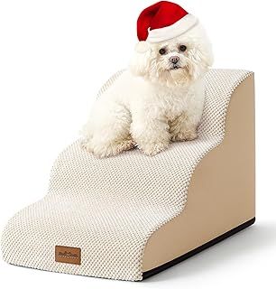 Dog Stairs for Small Dogs, Curved Pet Step with Leakproof Cover, High Density Foam Cat Ramp for Bed or Sofa, Lightweight, Durable, Comfort, 15.7x22.4x15.7 inch, 3 Tiers, Beige