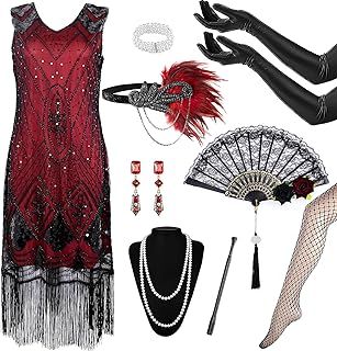 1920s Flapper Great Gatsby Accessories Set, Roaring 20's Theme Set, Sequin Fringed Gatsby Flapper Cocktail Dresses 1920s with 20s Accessories Set Headband Gloves Necklace for Women Ladies