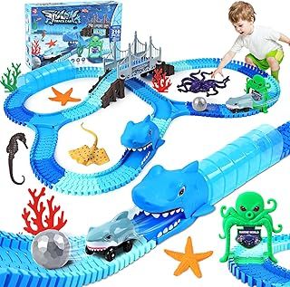 Shark Race Track Toys,Create A Ocean World Shark Train Track for Kids,216 PCS Flexible Track Playset and Shark Car for 3 4 5 6 7 8 Year Old Boys Girls Gift