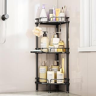 SWTYMIKI Corner Shower Caddy - 3 tier Bathroom Corner Shelf Shower Organizer Corner with 4 Hooks, Rust Free Standing Shower Caddy with Soap Holder,Shower Rack for Inside Bathroom,Shower storage,Black