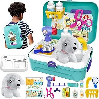 HERSITY Vet Toy Pet Care Kit Role Play Set Grooming Feeding Dog Games Backpack Toys for Kids 3 4 5 Years Old Girls Boys