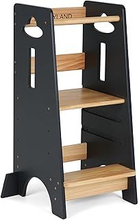 COSYLAND Toddler Standing Tower Adjustable Height - Kitchen step Stool Helper Super Stable - 3 Levels Adjustable Kids Learning Stool Wooden Toddler Kitchen Stool (Natural & Black)