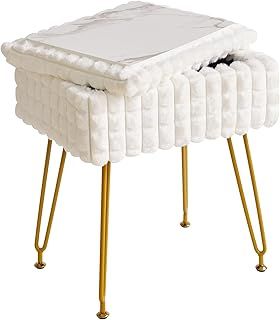 IBUYKE Rectangle Vanity Chair with Storage Space, Footrest Footstool Ottoman, Vanity Stool, Dressing Table Chair, with Anti-Slip Feet, for Makeup Room, Bedroom, Square grid pattern, White WBD004W