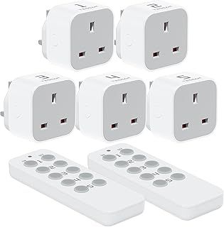 TESSAN Remote Control Plug Socket UK, 30M/100ft Operating Range, Wireless Light Switch for Indoor String Lights, Lamps, 2 Remotes and 5 Sockets