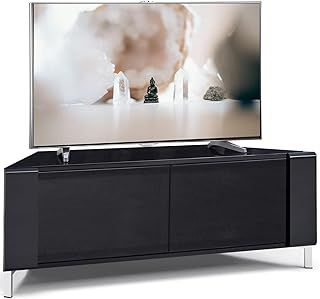 CORVUS Corner-Friendly Gloss Black Contemporary Cabinet with BeamThru Glass Doors Modern Space-Saving Stand for Flat Screen TVs up to 50 Inch