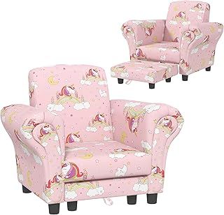 Kids Armchair with Stool, 2 Piece Kids Sofa Set with Unicorn Design, Wooden Frame, Upholstered Kids Chair for Bedroom, Playroom, Kid Room, for 1.5-3 Years Old, Pink