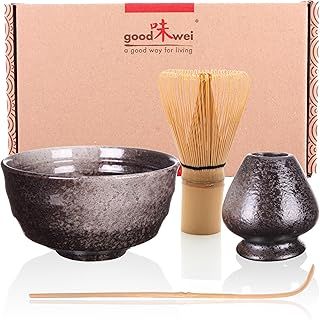 Matcha Set with Ceramic Matcha Bowl (6 fl.oz) and Whisk Holder | Bamboo Whisk and Spoon| Matcha Gift Set Box (Goma)