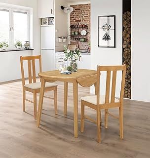 Hallowood Furniture Ledbury Small Dining Table and 2 Chairs, Round Drop Leaf Table and Cream Fabric Padded Seat Chairs, Wooden Folding Table and Chairs in Light Oak, Dining Room Set