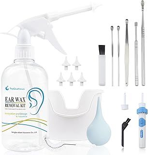 Ear Cleaner Earwax Removal Kit, Electric Earwax Cleaner Earwax Remover Irrigation Tool, 16.9oz Ear Washer Bottle 6pcs Ear Pick for Adults & Kids Cleaning(Clear)