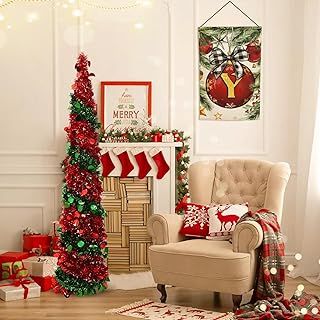 Warmiehomy 5ft/150cm Christmas Tree Decorations Xmas Tree Pop Up Collapsible Christmas Trees with Sequin Glittering Pencil Christmas for Home Office Store Christmas Decor, Red & Green