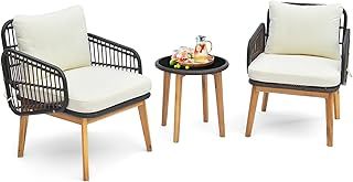 COSTWAY 3PCS Rattan Bistro Set, String Garden Furniture Set with 2 Armchairs, Glass Coffee Table, Cushions and Acacia Wood Legs, Outdoor Wicker Conversation Table Chair Set for Deck Yard Terrace