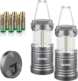 GEMEK 2 Pack LED Lantern, Collapsible Emergency Battery Powered Lights with Magnetic Base for Home Power Outages, Roadside Car Repair, Fishing, Camping Gear Accessories Essentials (Gray)