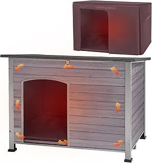 Dog House Indoor, Outdoor Insulated Cat House Weatherproof Dog Kennel for Small Medium Dogs, Pet Crate Wooden with Elevated Floor Weatherproof, Unique All-Around Iron Frame