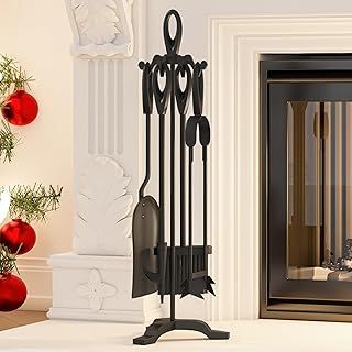 Kingson Black 5-Piece Cast Iron Fireplace Companion Set 19.5x17x61cm Log Burner Accessories Durable Fireside Tool Kit